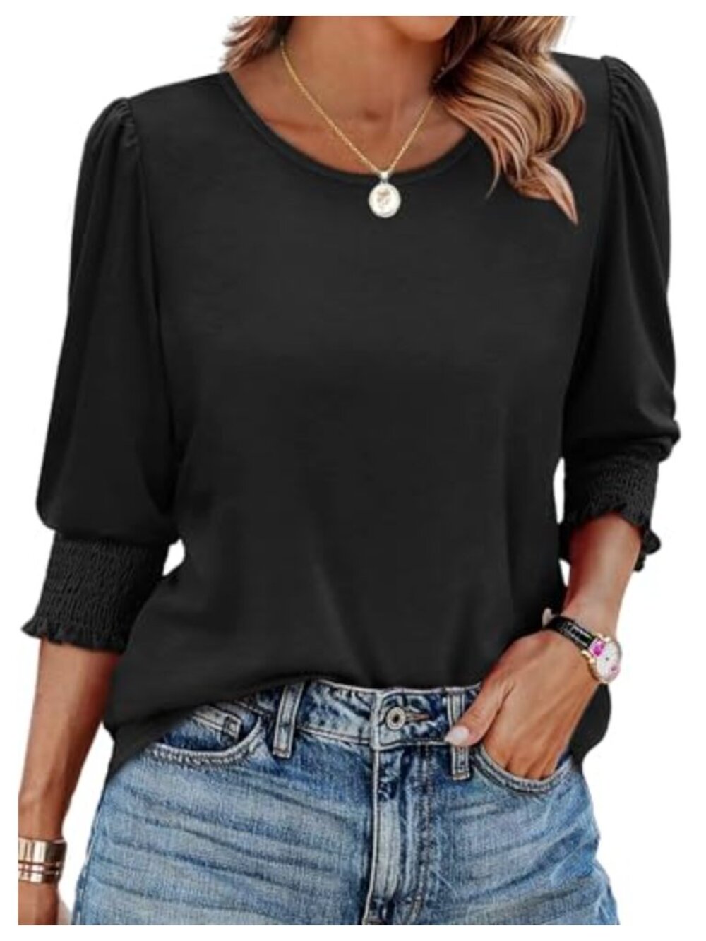 Womens 3/4 Sleeve Blouse Smocked Cuff Crewneck Curved Hem Puff Sleeve Top